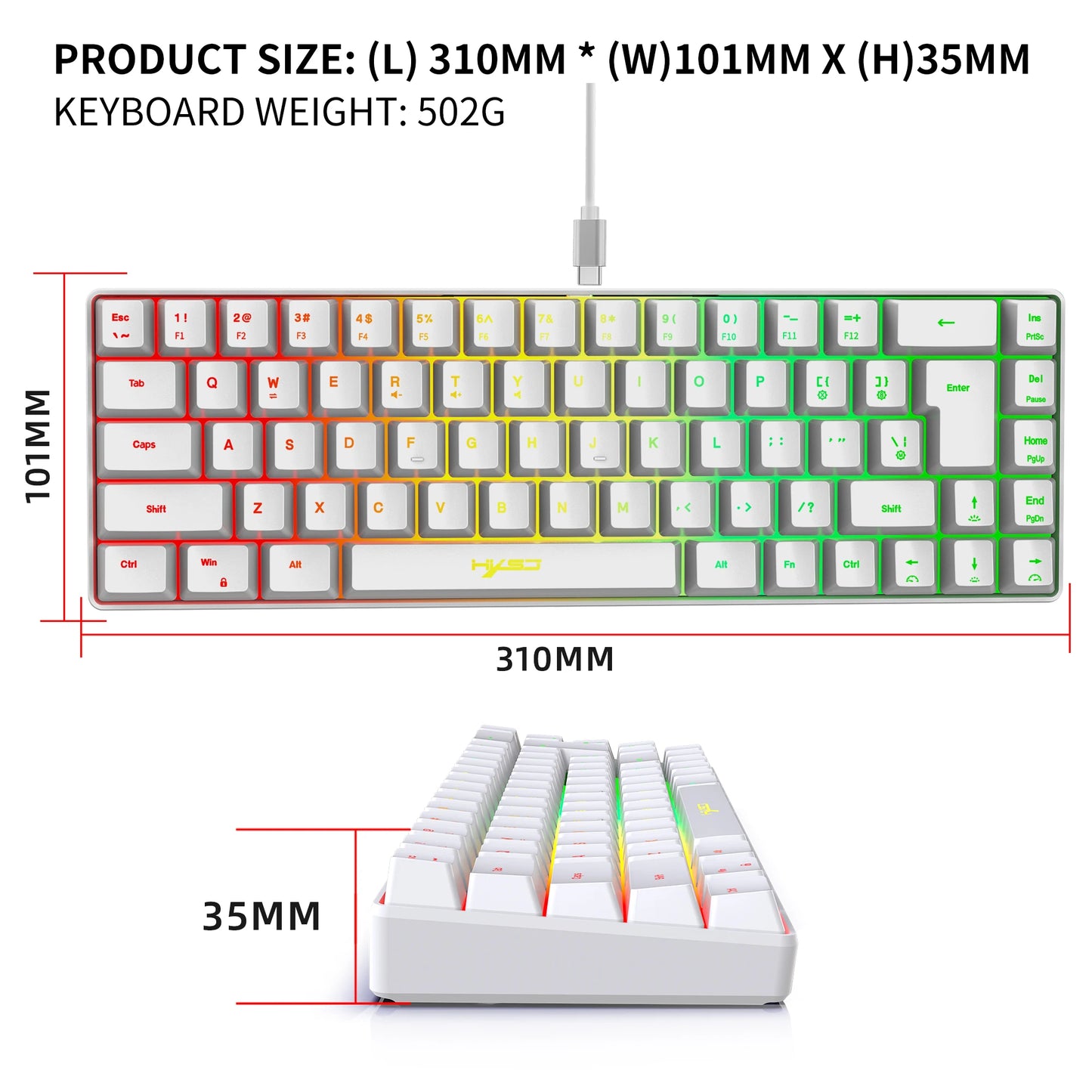 Teclado para juegos de 68 teclas con cable USB, portátil, retroiluminación RGB de 20 teclas para computadoras portátiles con Windows