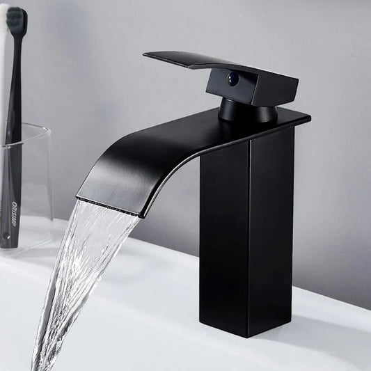 Lavabo de cascada de acero inoxidable, grifo alto y bajo, color negro, para inodoro, agua caliente y fría, para baño y hogar.