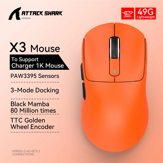 Mouse sem fio para jogos X3 ATTACK SHARK, vermelho, 4K, conexão Bluetooth de três modos, PAW3395, macro, Bluetooth para jogos
