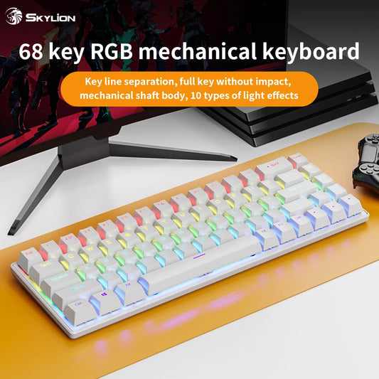 Teclado mecânico com fio K68, 10 tipos de luz de fundo colorida, para jogos e escritório, compatível com Microsoft Windows e Apple iOS.