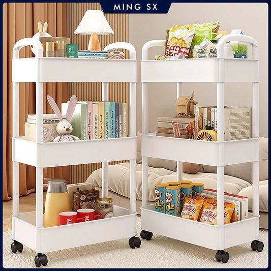 Home multi-layer rolling storage rack for kitchen, bedroom, and bathroom.
